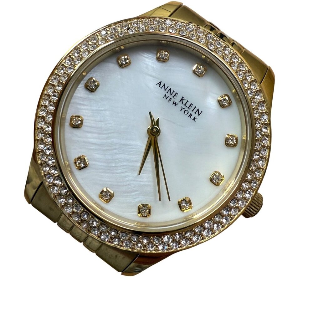 Anne Klein New York Womens Gold-Tone Watch With Crystal Accents & Mother-Of-Pear